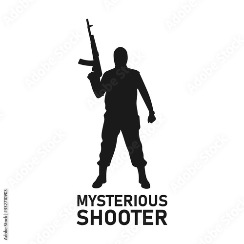 Standing male terrorist holding assault rifle gun black silhouette. Mysterious shooter icon sign or symbol concept. Bank robber. Masked murderer or killer. Radical extremism - Vector illustration.