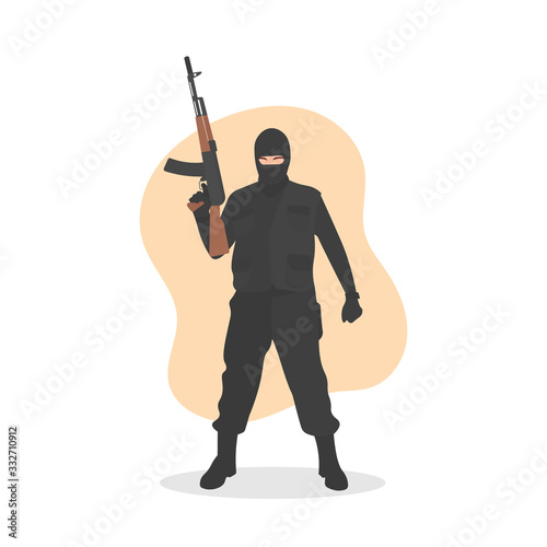 Standing masked male terrorist in black outfit holding a machine gun or AK-47. Bank robber or murderer ski mask concept. Radical extremism. Counter terrorism war - Flat vector character illustration. photo