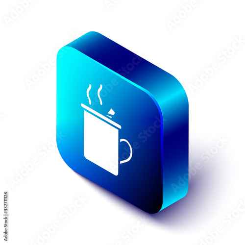 Isometric Mulled wine with glass of drink and ingredients icon isolated on white background. Cinnamon stick, clove, lemon slice. Blue square button. Vector Illustration