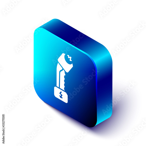 Isometric Police electric shocker icon isolated on white background. Shocker for protection. Taser is an electric weapon. Blue square button. Vector Illustration