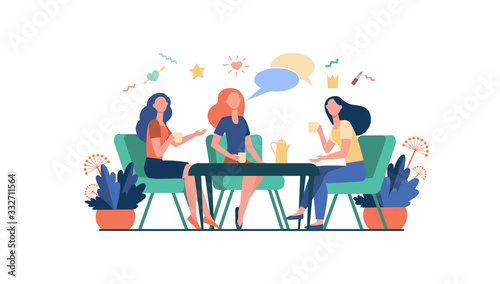 Female friends hanging out in cafe. Women sitting at table, drinking tea or coffee, talking with speech bubble. Vector illustration for chatting, communication, lunch, friendship concept