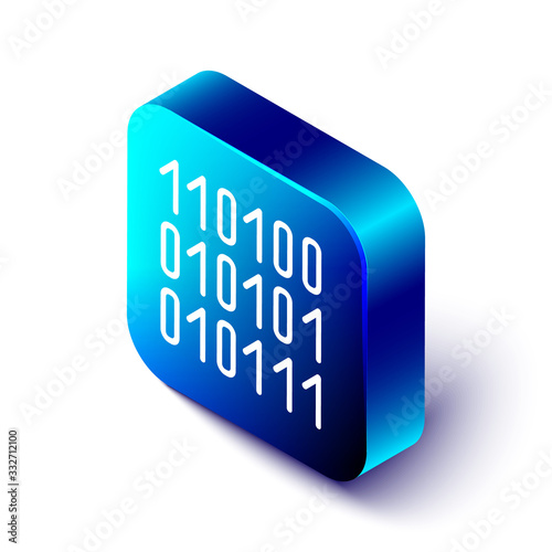 Isometric Binary code icon isolated on white background. Blue square button. Vector Illustration