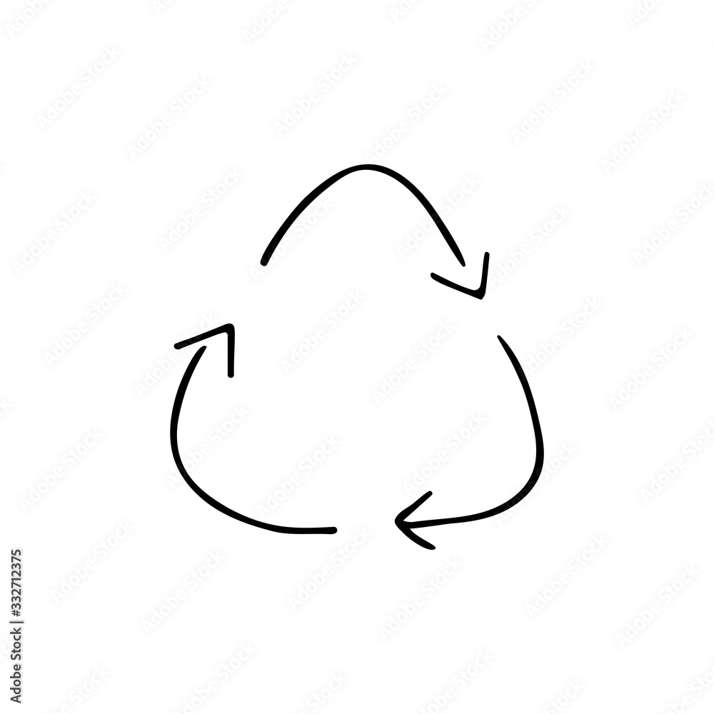 Three circular arrows in the shape of a triangle, the concept of waste recycling and reuse. Save nature. Black and white doodle style illustration.