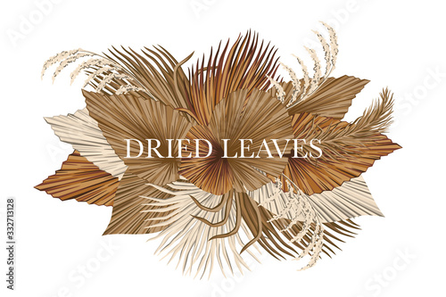 Boho bouquet dried palm leaves floral illustration. Tropical jungle slogan floral vector composition.