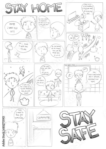 Vector illustrated black and white comic book page. Mother and son situation during coronavirus epidemic. Cartoon line art.