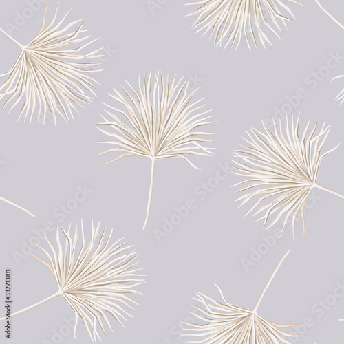 Tropical floral boho dried palm leaves seamless pattern beige background. Exotic jungle wallpaper.