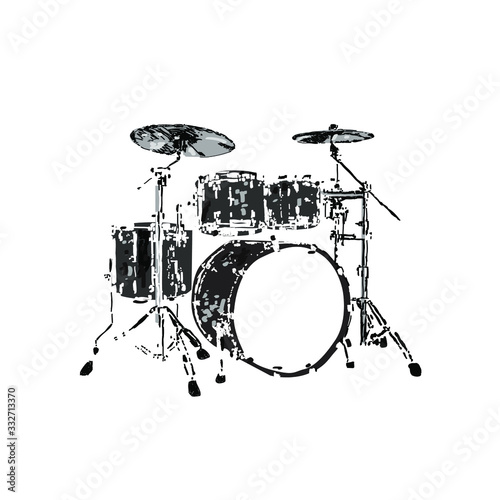 Dark drums on a white background. Black and white vector illustration of an isolated drum kit. Drawing sketch.