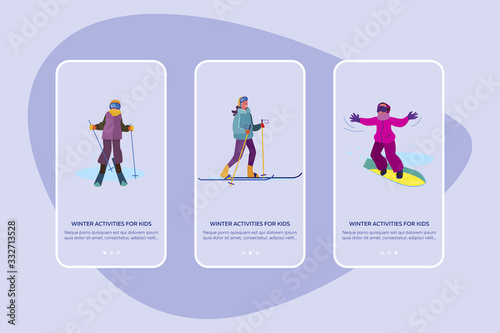 Winter activities for kids set. Children skiing, snowboarding, country landscape with house. Flat vector illustrations. Country, vacation concept for banner, website design or landing web page