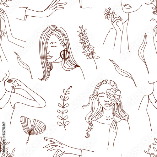 Seamless pattern with lineart women portraits and leaves, modern background