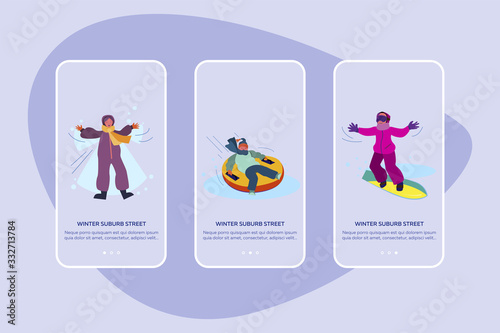 Winter suburb street set. Children snowboarding, skiing, playing snowballs, having fun. Flat vector illustrations. Vacation, outdoor activity concept for banner, website design or landing web page