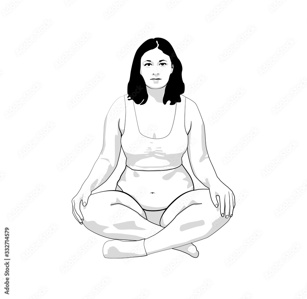 Happy overweight woman exercising on a white background. Practicing Yoga Lotus. Happy overweight woman exercising on a white background. Practicing Yoga Lotus.
