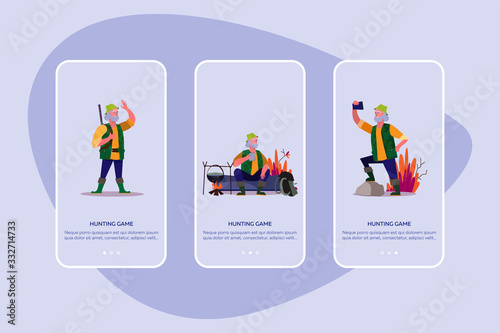 Hunting game set. Man with riffle and dog running, shooting, autumn landscape. Flat vector illustrations. Hunter, sport, outdoor activity concept for banner, website design or landing web page