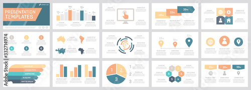 Set of orange, yellow, turquoise and blue elements for multipurpose presentation template slides with graphs and charts.