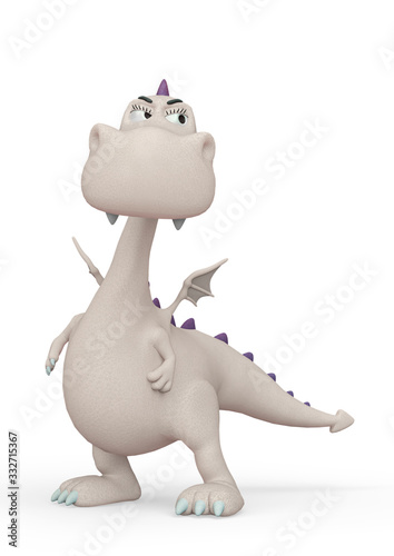 baby dragon cartoon looking suspicious in a white background
