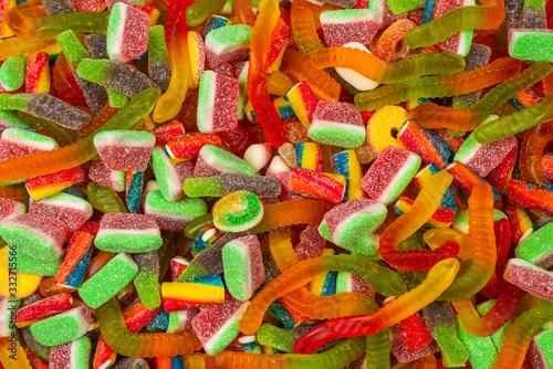 Assorted gummy candies. Top view. Jelly  sweets background. © Nikolay