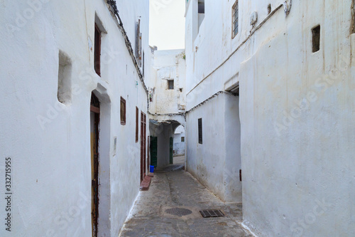 View of the old walls of Tetouan Medina quarter in Northern Morocco. A medina is typically walled, with many narrow and maze-like streets and often contain historical houses, palaces, places. © Renar