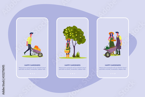 Happy gardeners set. Man and woman planting, gathering harvest, picking apples, fall landscape . Flat vector illustrations. Autumn, gardening concept for banner, website design or landing web page