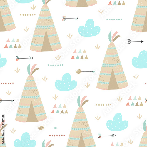 Cute print Boho style. Seamless pattern with cute wigwam. vector illustration. Vector print with wigwam