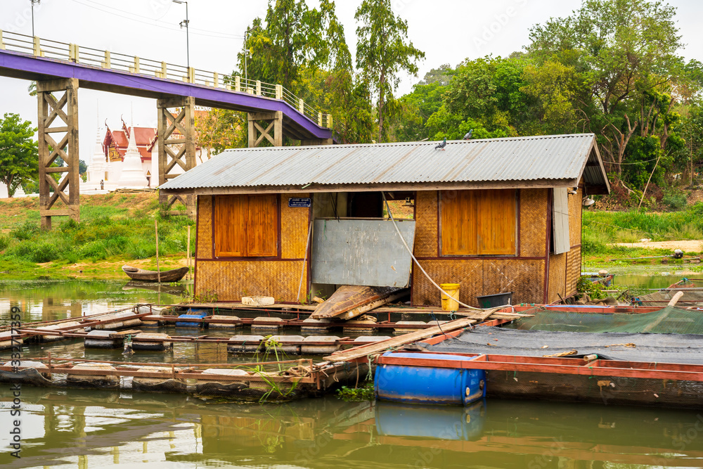 Raft, floating house, Sakae Krang river community, Uthai Thani Province, Thailand Raft, floating house, Sakae Krang river community, Uthai Thani Province, Thailand