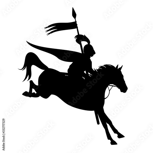 fairy tale knight with banner riding horse jumping forward - black and white vector silhouette design
