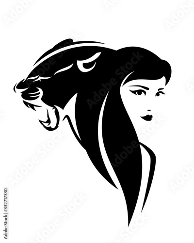 beautiful woman with long hair and roaring panther cat head - black and white vector portrait