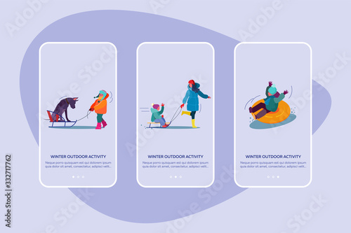 Winter outdoor activity set. Parents, kids skating on ice, sleighing, mountain resort landscape. Flat vector illustrations. Recreation, holiday concept for banner, website design or landing web page