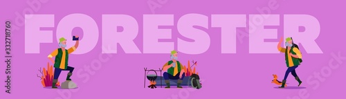 Hunting game set. Man with riffle and dog running, shooting, autumn landscape. Flat vector illustrations. Hunter, sport, outdoor activity concept for banner, website design or landing web page