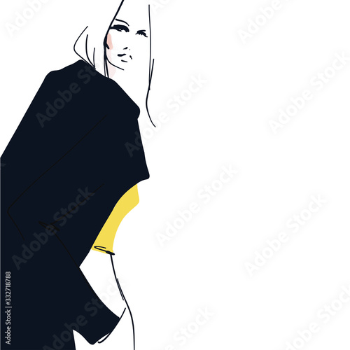 Young stylish woman, model. Fashion illustration in sketch style. Vector