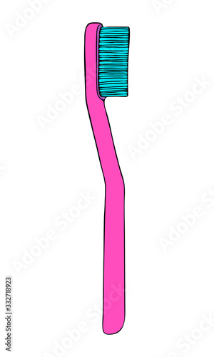 Toothbrush for daily hygiene of the oral cavity. Product personal oral hygiene home in bathroom. Color vector isolated flat doodle realistic drawing black outline white background icon