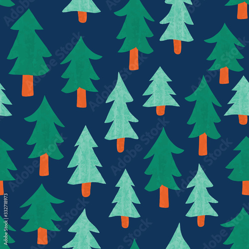 Fir tree forest seamless vector pattern. Repeating background with abstract hand drawn fir trees with texture on dark blue backdrop.