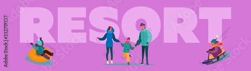 Winter ski resort set. Families, kids skating on ice, sleighing, mountain landscape with chalets. Flat vector illustrations. Vacation, holiday concept for banner, website design or landing web page