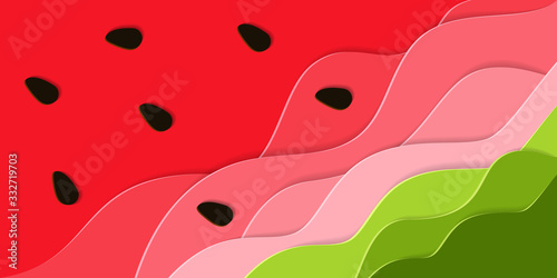 Cartoon summer paper background. Layered watermelon. Abstract 3D banner. Vector illustration sweet food in origami style. Tropical papercraft layers berry. Design card, brochure, cover, wallpaper.