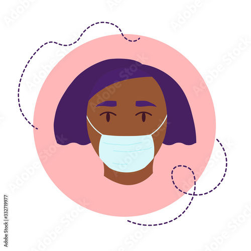 Girl in medical face mask. Coronavirus protection concept. Vector portrait of dark skinned woman with curly short blue hair. Minimalistic flat icon in trendy style with dotted lines and circle for web