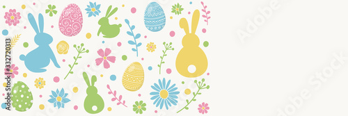 Colourful Easter decoration. White background with decorative eggs, bunnies and flowers. Banner. Vector