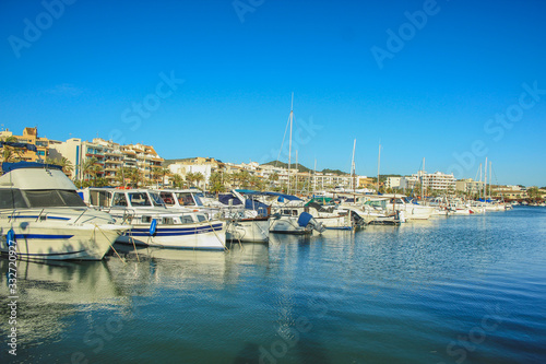 Busy harbour with boats in Port de Alcudia, Mallorca, Spain