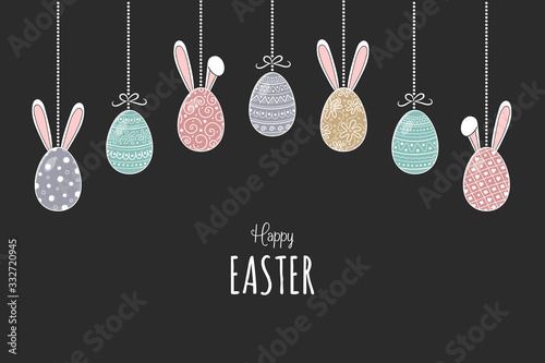 Beautiful hanging Easter eggs with bunnies and greetings. Vector