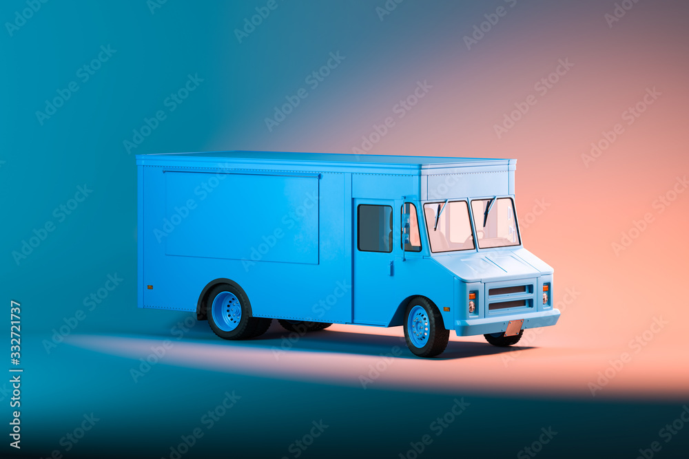 White Blank Food Truck With on Illuminated Background. Takeaway food and drinks. 3d rendering.