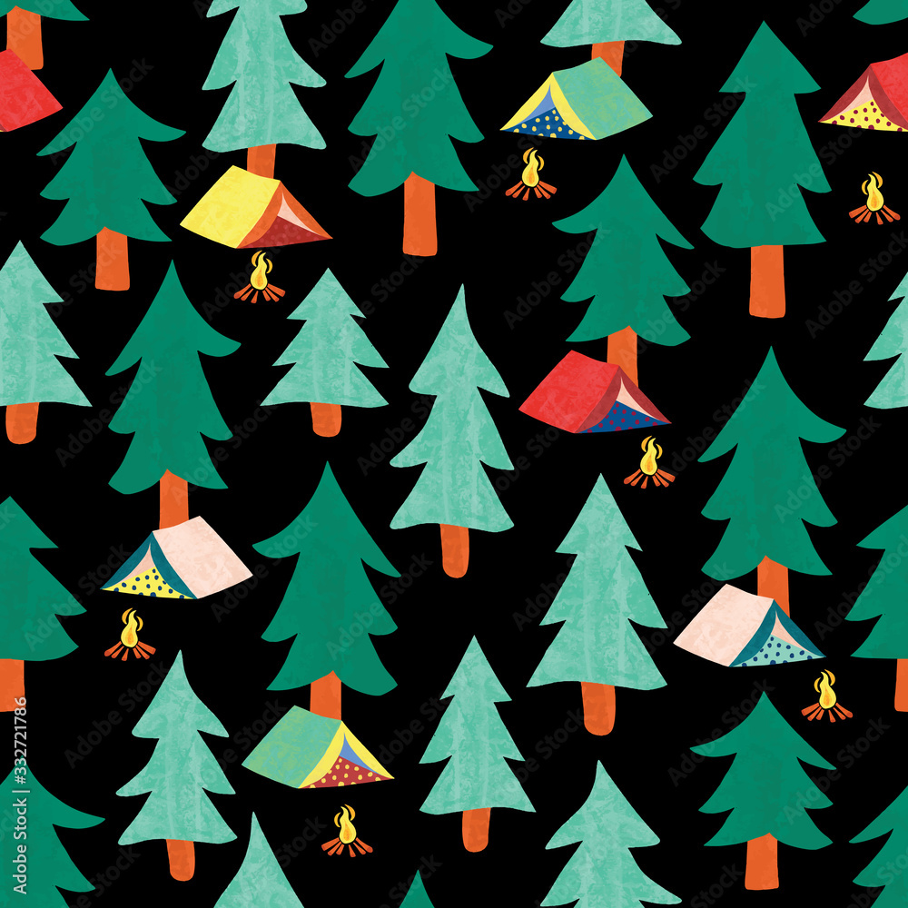 Obraz premium Camping tents between fir tree forest seamless vector pattern. Repeating background with abstract hand drawn fir trees with texture on dark blue backdrop.