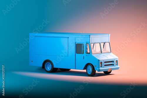 White Blank Food Truck With on Illuminated Background. Takeaway food and drinks. 3d rendering.