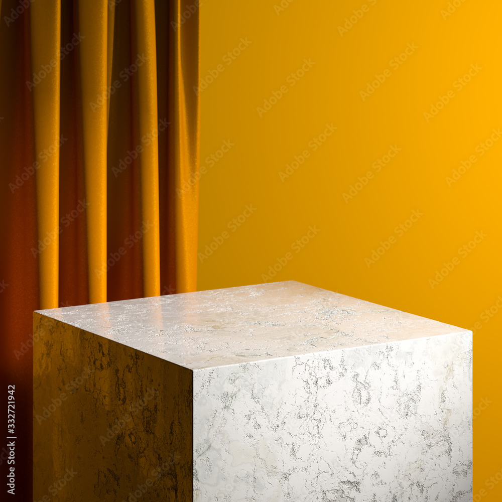 Blank Foursquare Marble Showcase with Empty Space On Pedestal And Orange Background. 3d rendering