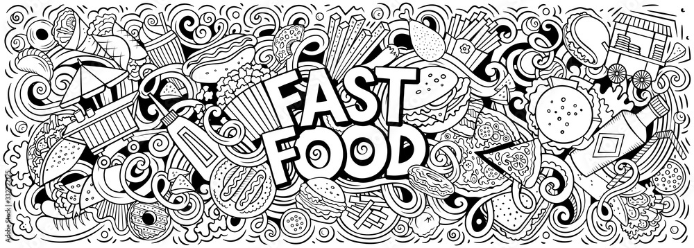 Fototapeta premium Fastfood hand drawn cartoon doodles illustration. Colorful vector banner
