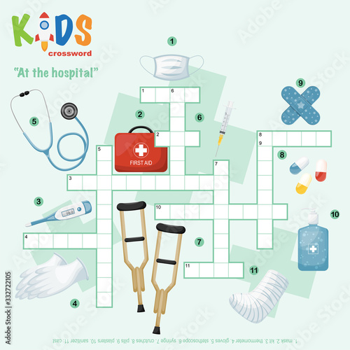 Easy crossword puzzle 'At the hospital', for children in elementary and middle school. Fun way to practice language comprehension and expand vocabulary. Includes answers.