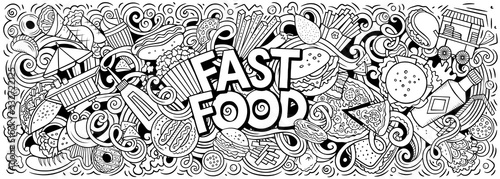 Fastfood hand drawn cartoon doodles illustration. Colorful vector banner