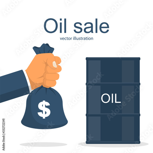 Selling oil at a low price. Isolated barrel and a bag of money. Landing page Vector illustration.