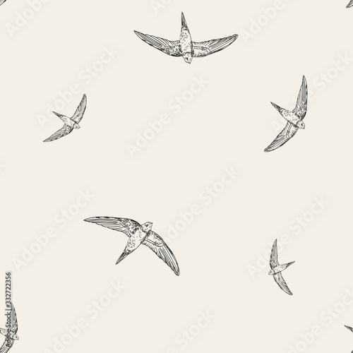 Vintage pattern with little swift birds. Monochrome vector background in doodle asian style.