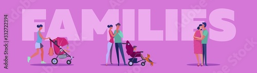 Families outside set. Parents, kids, pets walking, jogging, chatting, playground in autumn. Flat vector illustrations. Weekend, leisure concept for banner, website design or landing web page