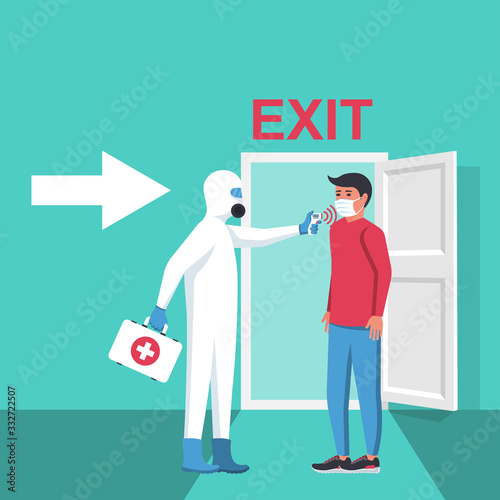 Temperature check at exit. Border precautions. Doctor in hazmat hold non-contact thermometer. Coronavirus prevention. Control epidemic 2019-ncov. Vector flat design. Person in control. Mask on face.