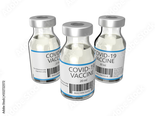 COVID-19 vaccine in a glass vial for treating coronavirus isolated on a white background