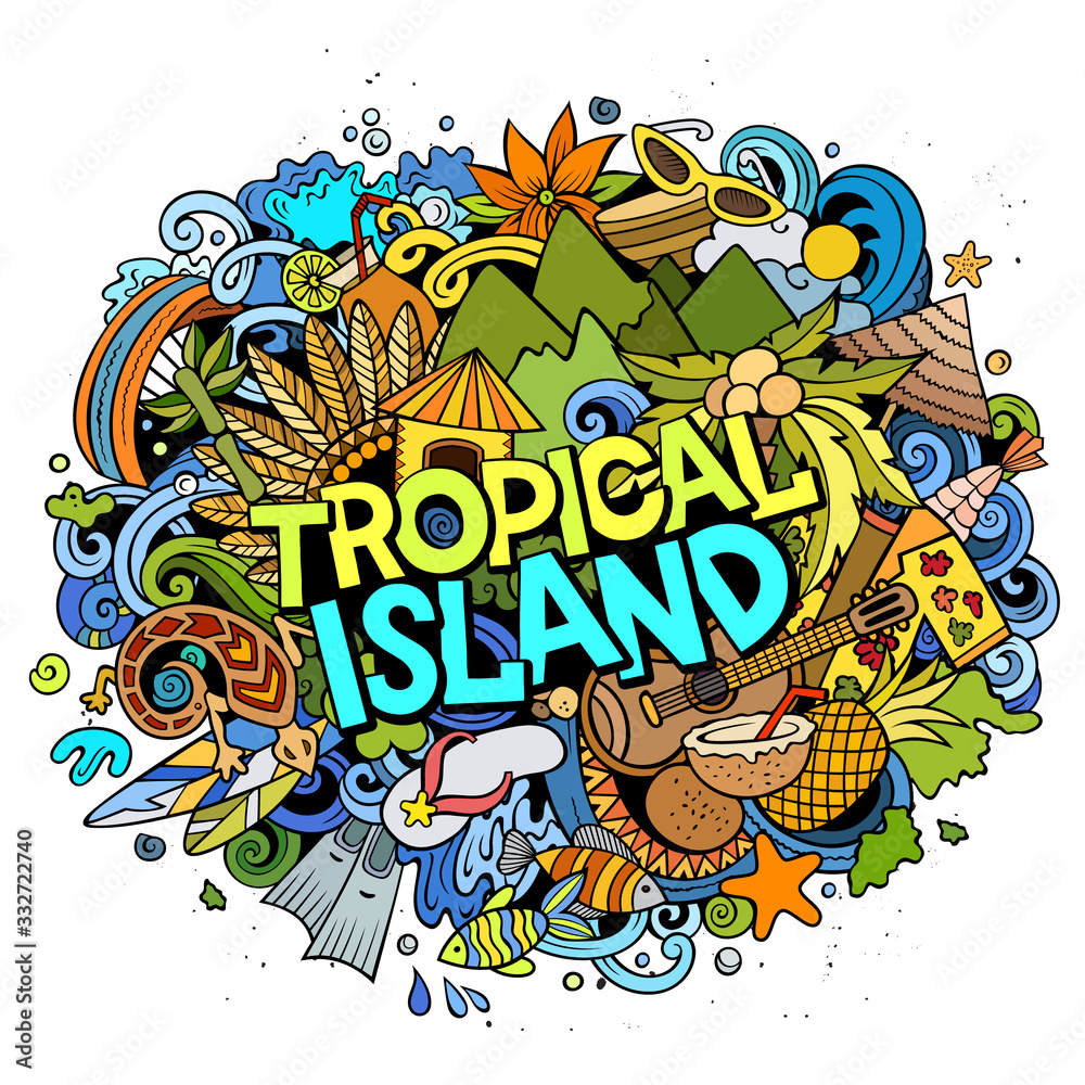 Tropical paradise hand drawn cartoon doodles illustration. Funny seasonal design