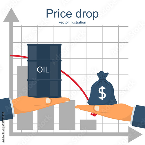 Oil barrels with gold coins and abstract graph. The decline in oil prices. Landing page Vector illustration.